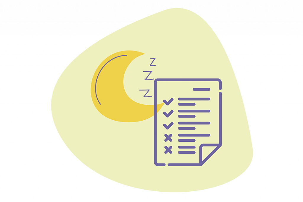 Illustration d’une lune, de zzzs et d’un morceau de papier avec des lignes et des symboles.